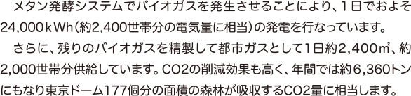 メタン発酵システムでバイオガスを発生させることにより、１日でおよそ24,000ｋWh（約2,400世帯分の電気量に相当）の発電を行なっています。　さらに、残りのバイオガスを精製して都市ガスとして1日約2,400㎡、約2,000世帯分供給しています。CO2の削減効果も高く、年間では約６,360トンにもなり東京ドーム177個分の面積の森林が吸収するCO2量に相当します。